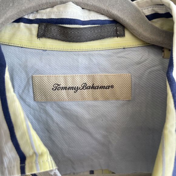 Tommy Bahama Shirt Men Yellow Gray Stripe Long Sleeve Silk Blend L - Picture 2 of 6